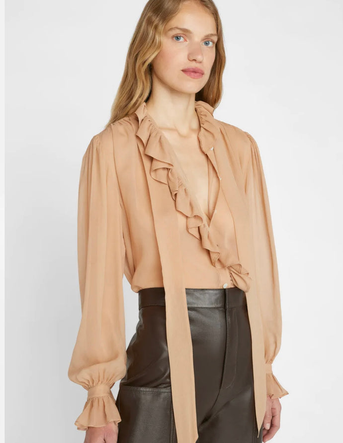 FRAME Ruffle Front Button Up Shirt in Blush